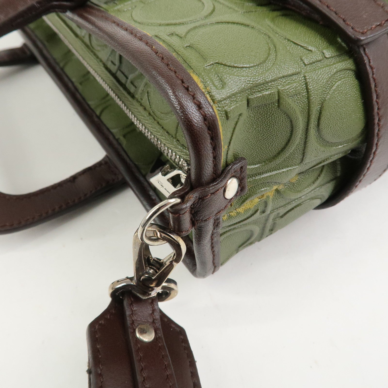 Ferragamo Gancini Embossed Leather 2Way Hand Shoulder Bag Green
