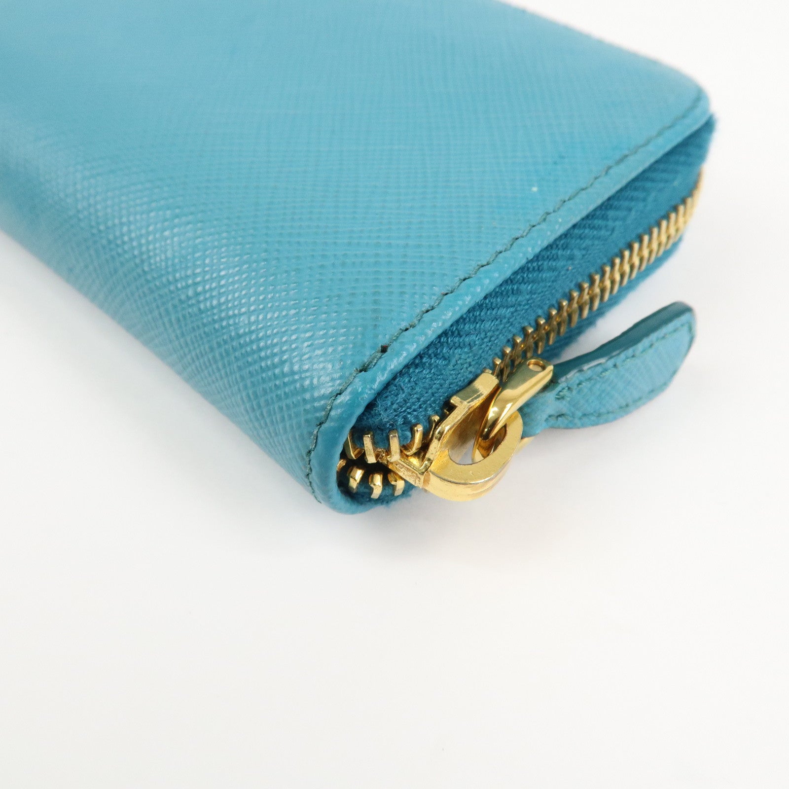 PRADA Logo Saffiano Leather Round Zippy Small Wallet Blue 1MM268 Used