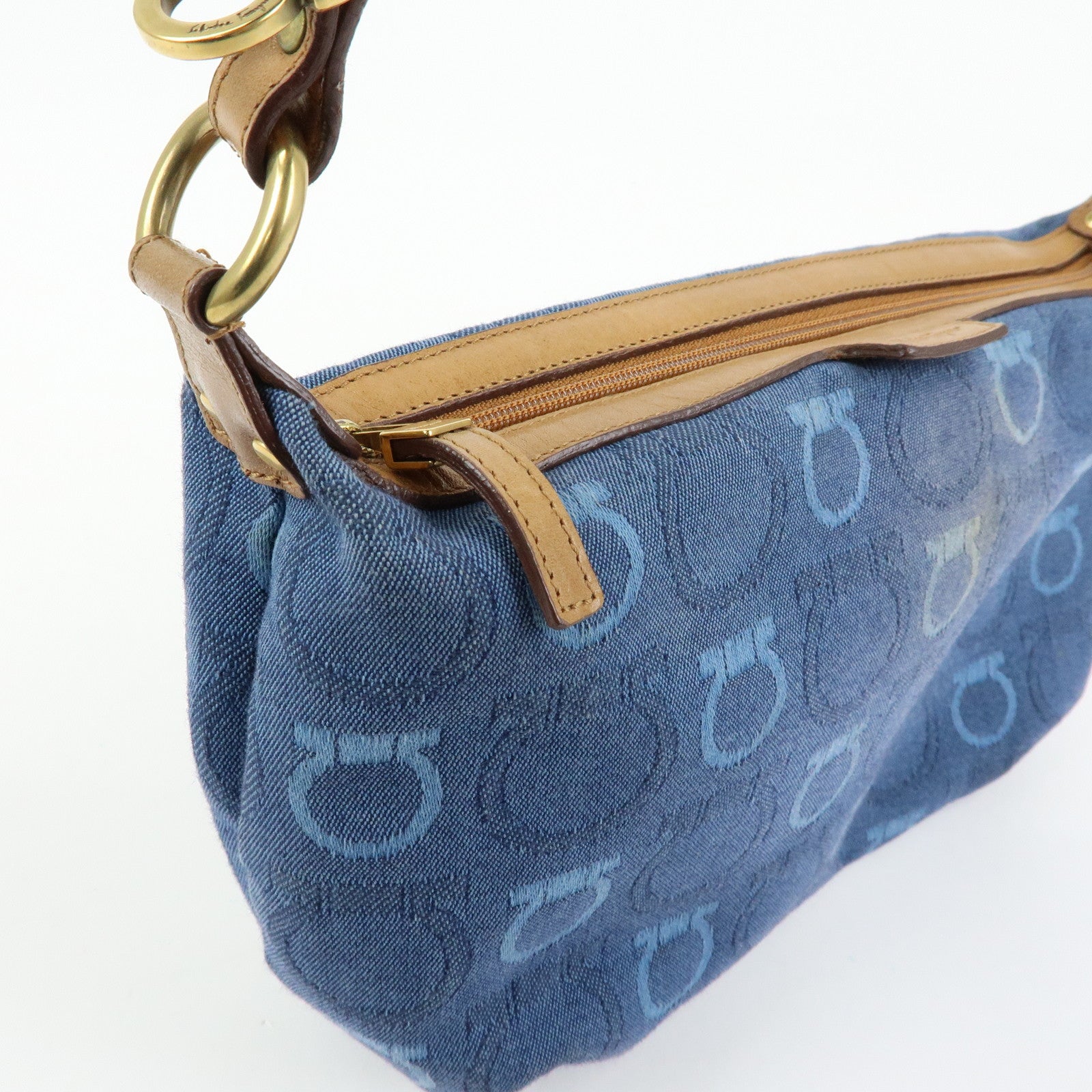 Ferragamo Gancini Canvas Leather Hand Bag Shoulder Bag Blue