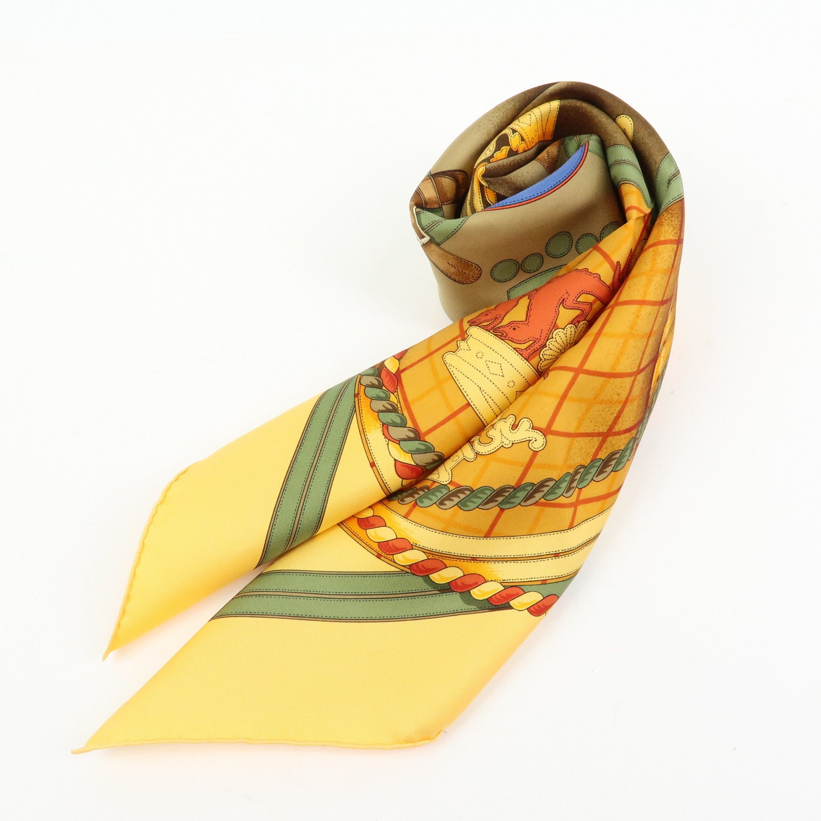 HERMES Carre 90 Silk 100% Scarf GRANDE TENUE Yellow Brown Green