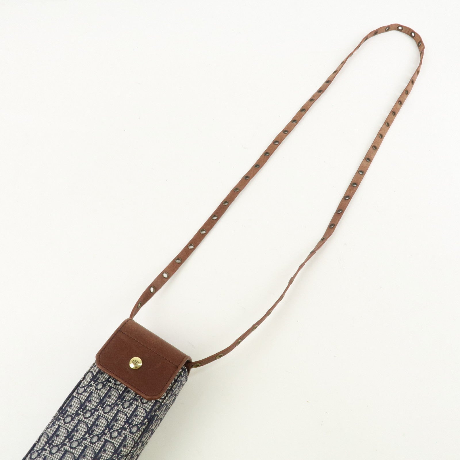 Christian Dior Trotter Canvas Leather Shoulder Bag Navy Brown Used