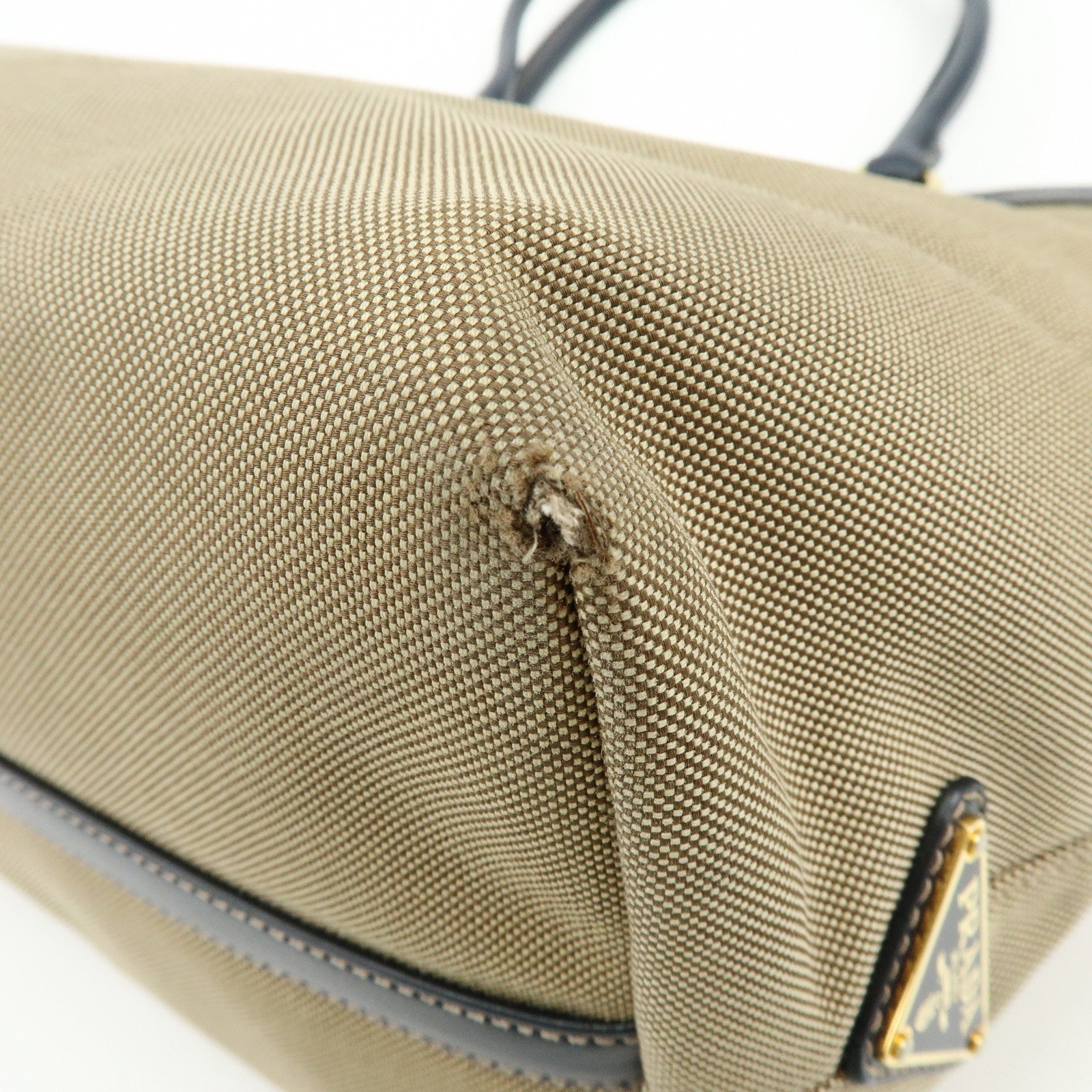 PRADA Logo Jacguard Leather Tote Bag Hand Bag Beige Navy