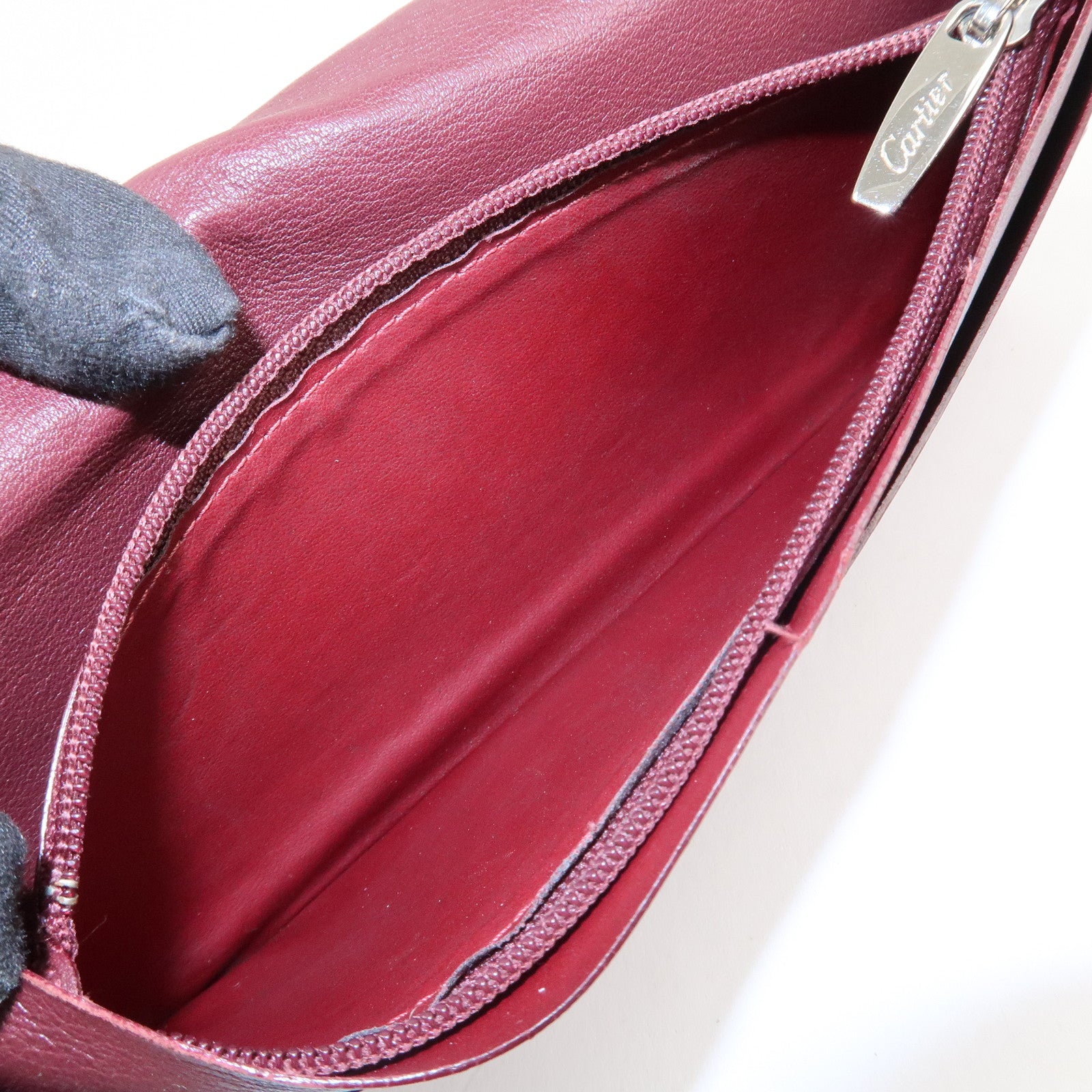 Cartier Leather Bi-fold Long Wallet Silver HDW Black Bordeaux Used