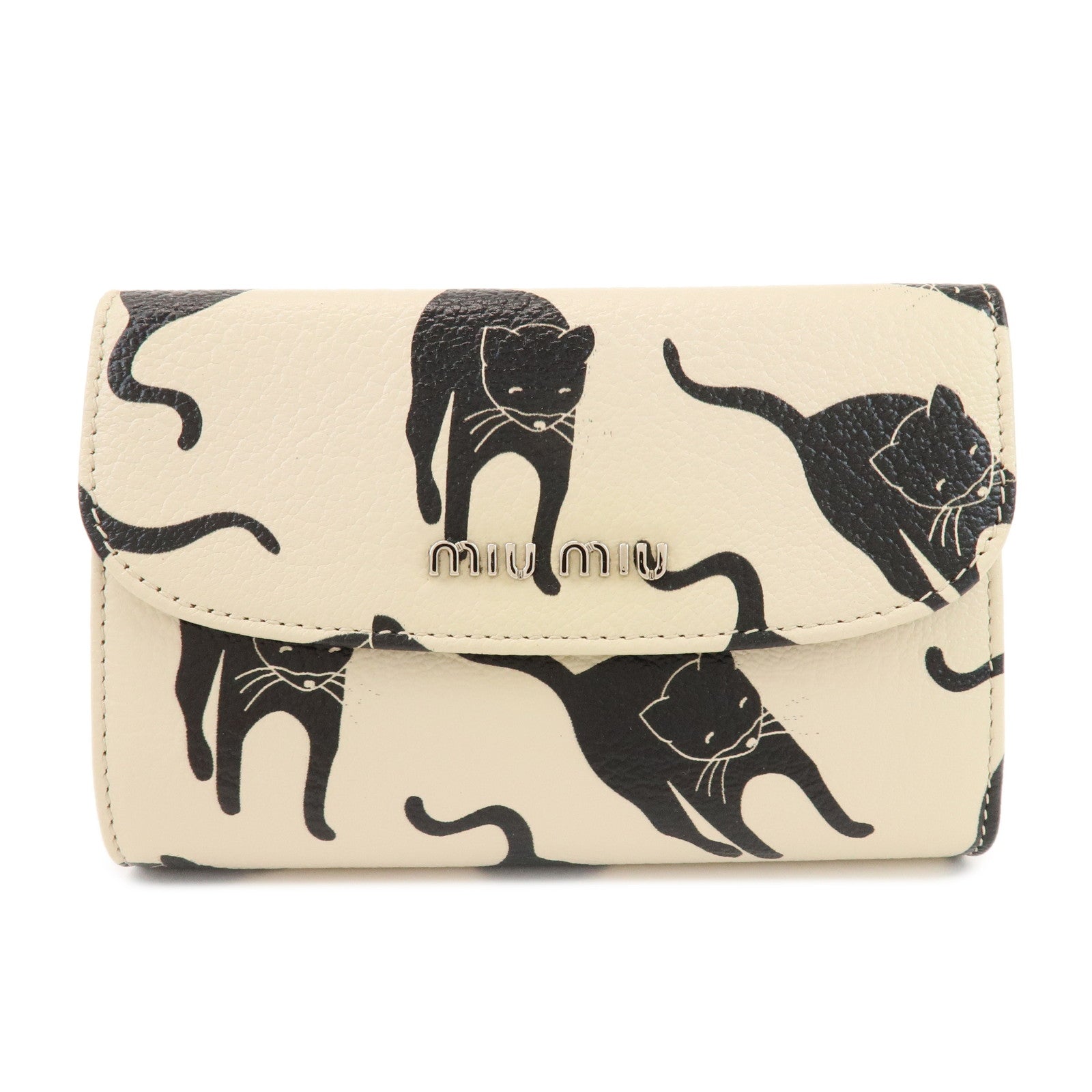 MIU MIU Leather Bi-fold Compact Wallet Black Cat Ivory 5ML225