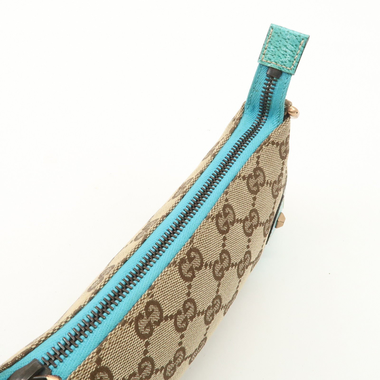 GUCCI GG Canvas Leather Chain Shoulder Bag Beige Turquoise Blue 120940 Used