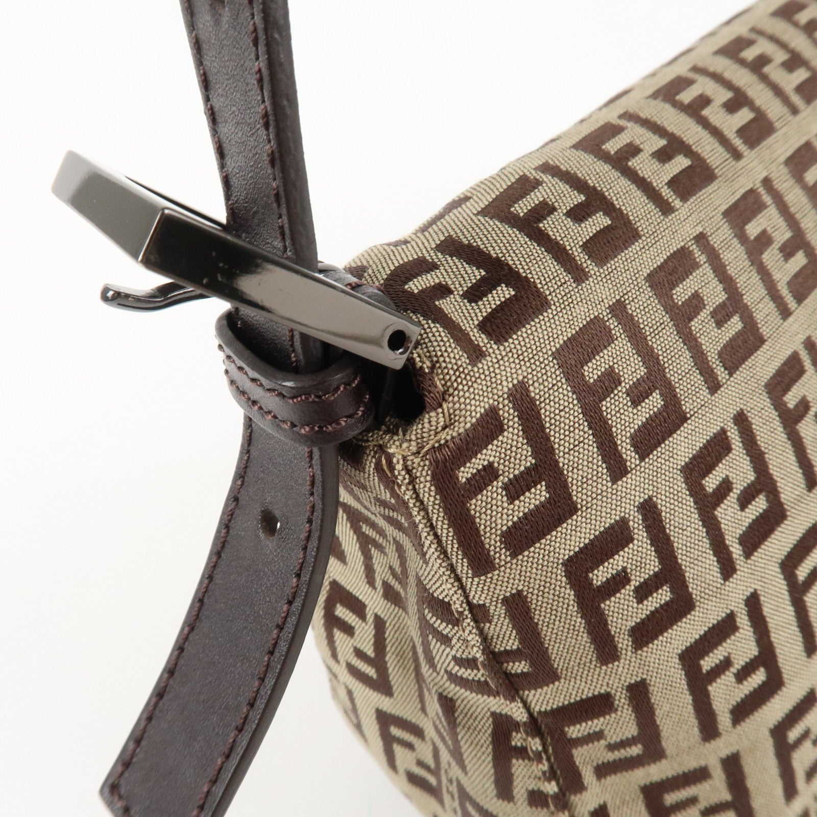 FENDI Mamma Baguette Zucchino Canvas Leather Hand Bag Brown 8BR003 Used