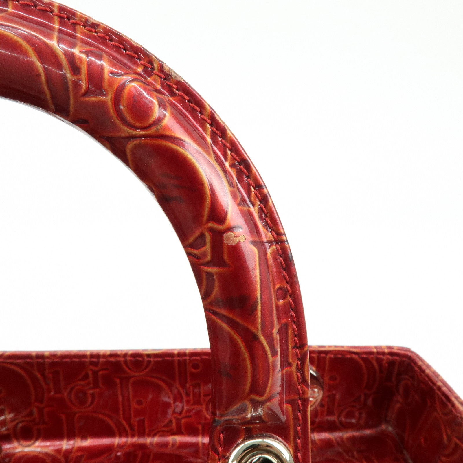 Christian Dior Lady Dior Patent Leather Hand Bag Dior Logo Red
