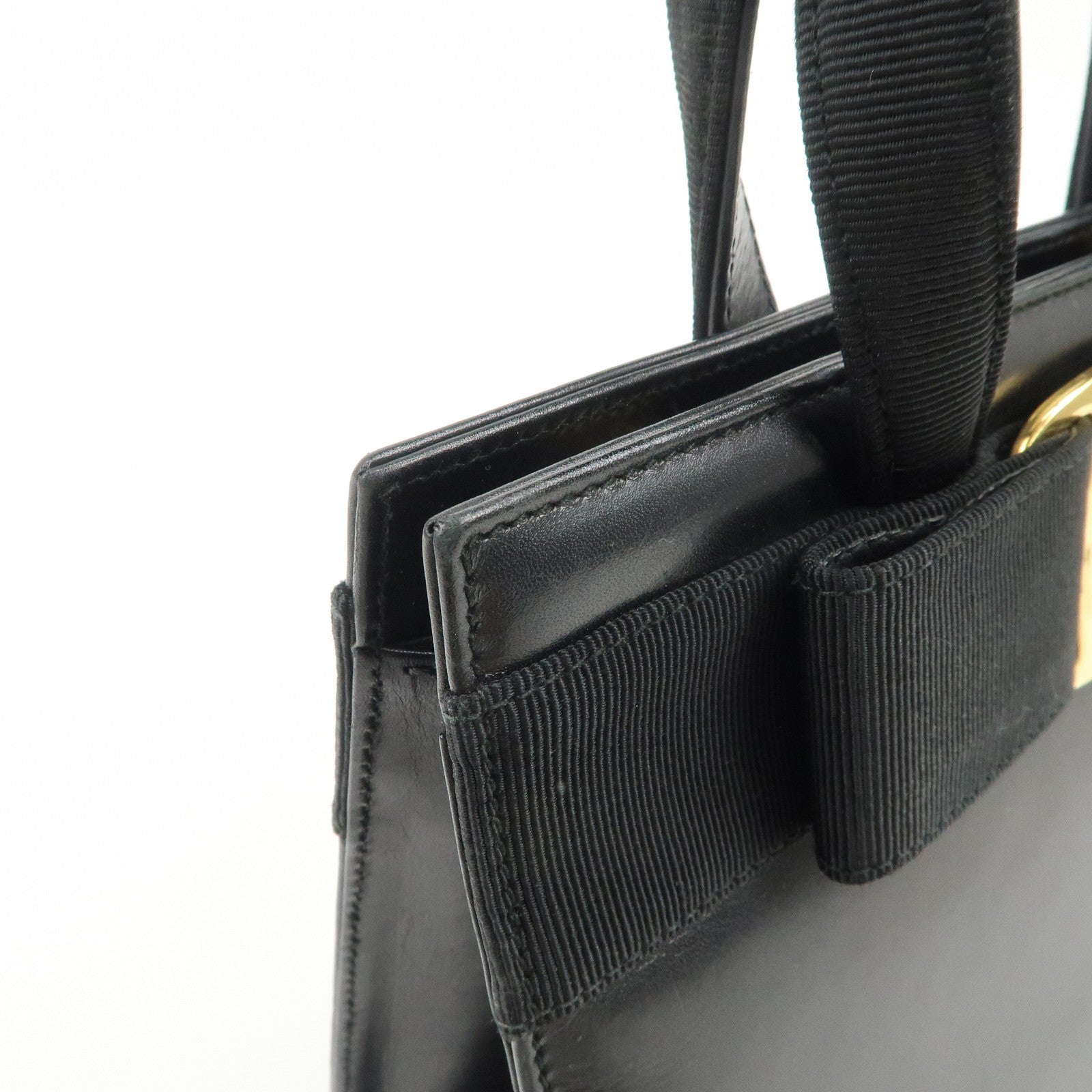 Ferragamo Vara Ribbon Leather Hand Bag Black Gold HDW
