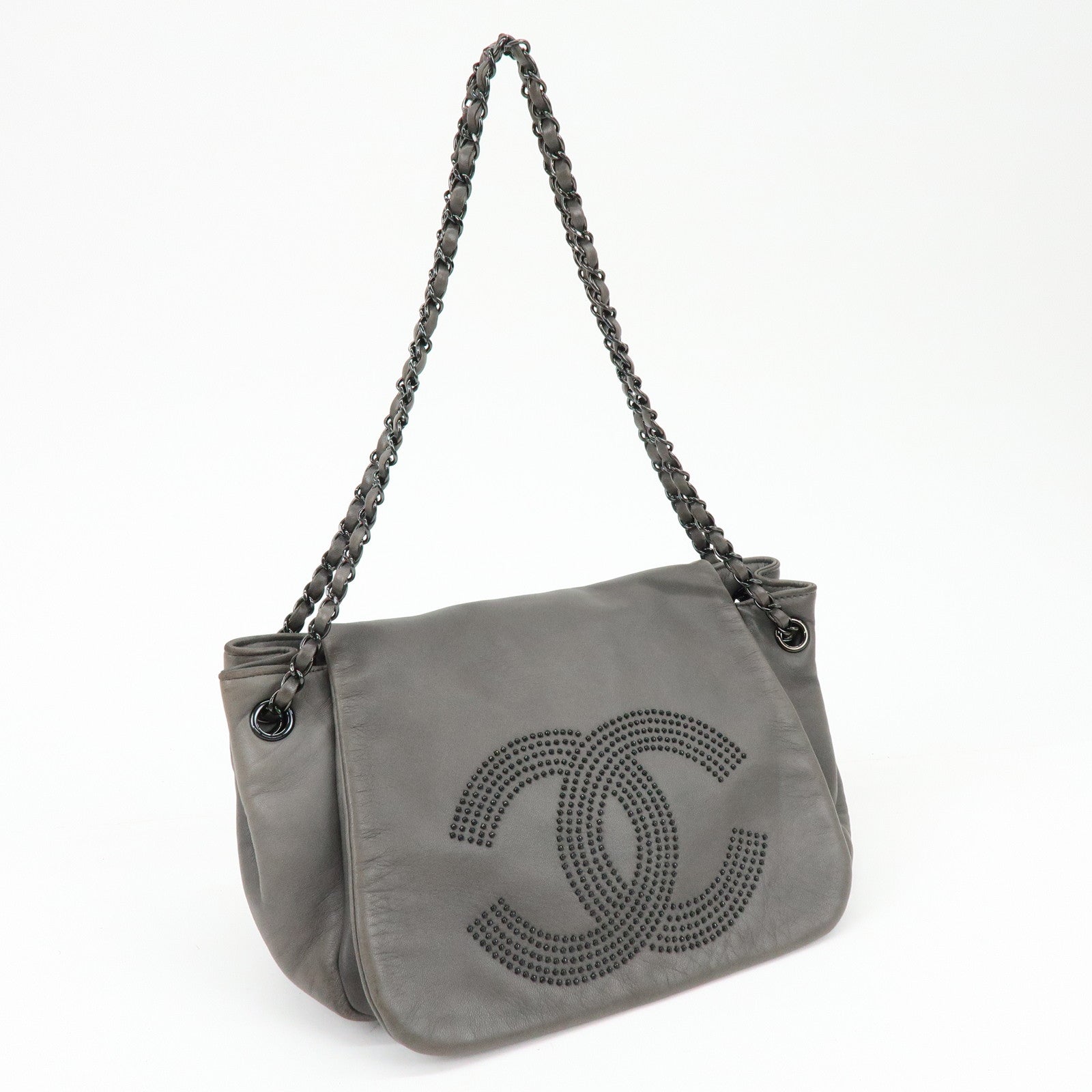 CHANEL COCO Mark Lamb Skin Chain Flap Shoulder Bag Gray
