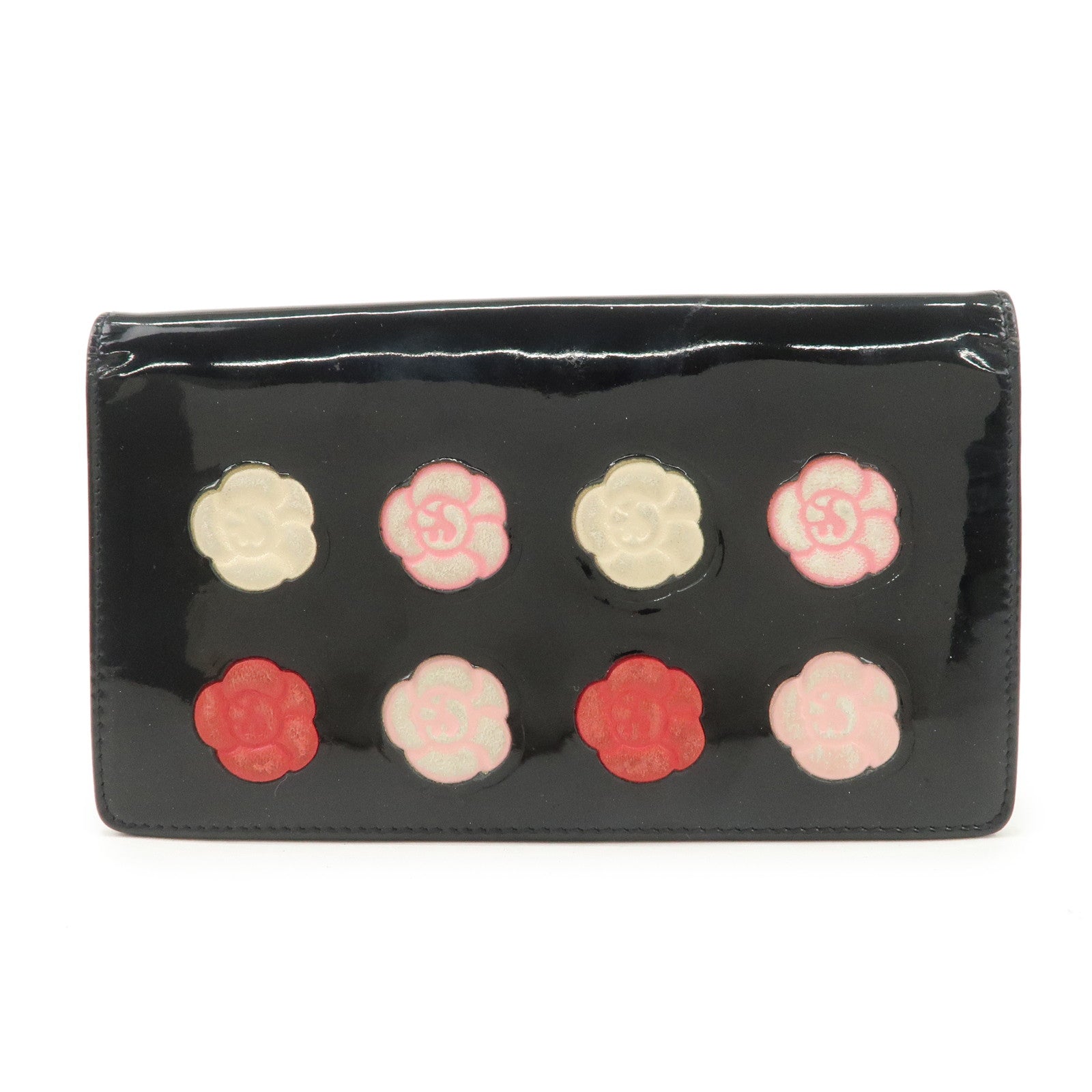 CHANEL Camelia Make Up Palette Patent Leather Long Wallet A46074 Used
