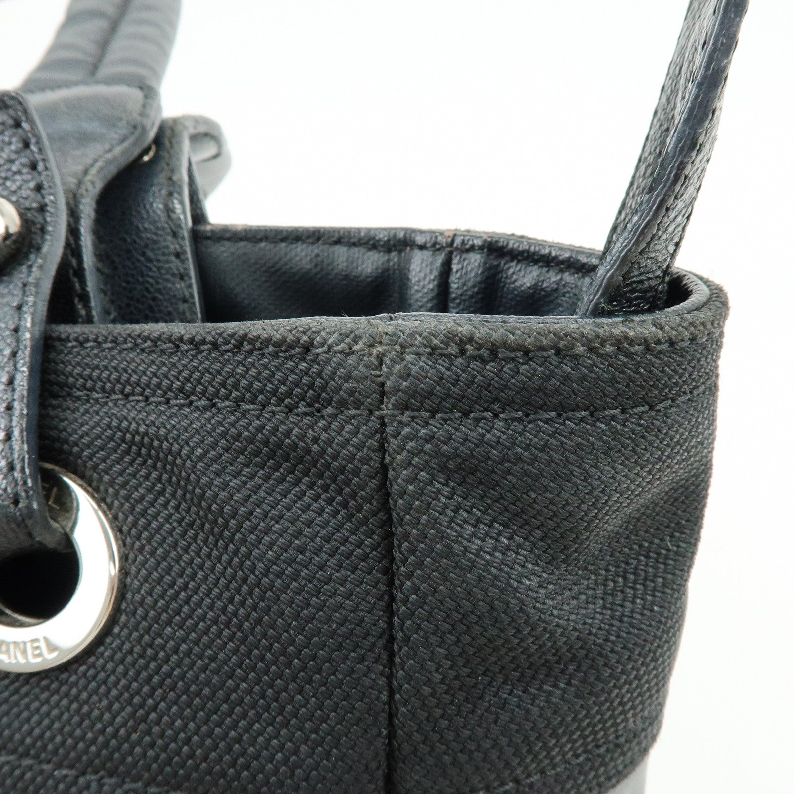CHANEL Paris Biarritz PM PVC Canvas Leather Tote Bag Black A34208