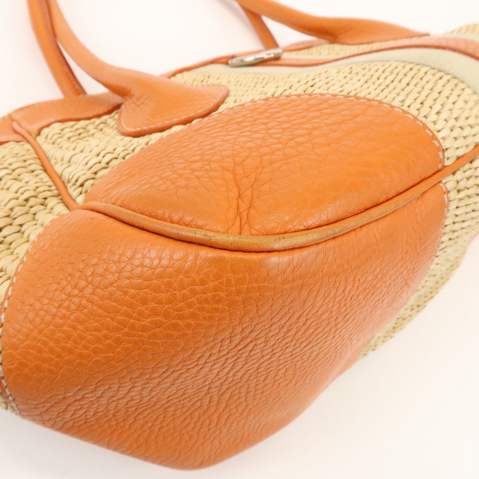 PRADA Triangle Logo Raffia Leather Shoulder Bag Natural Orange