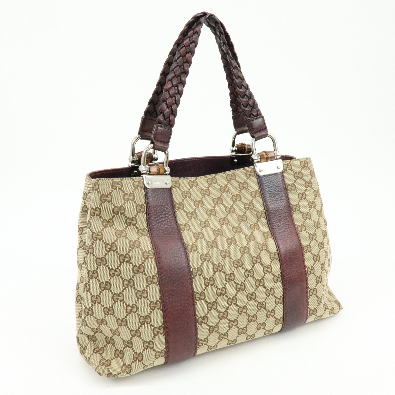 GUCCI Bamboo GG Canvas Leather Tote Hand Bag Beige Purple 232947