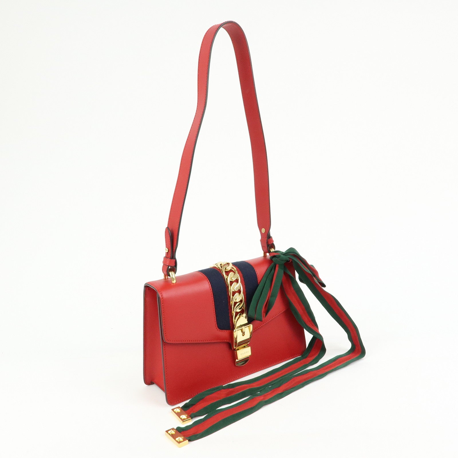 GUCCI Sylvie Sherry Leather Shoulder Bag Ribbon Red Navy 421882