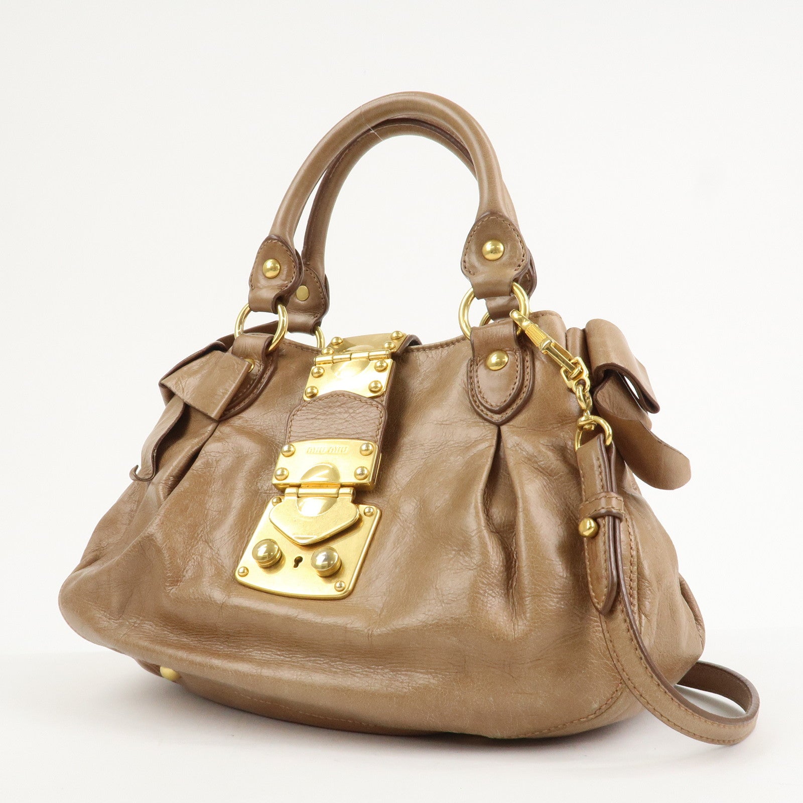 MIU MIU Leather Side Ribbon 2Way Bag Hand Bag Beige Gold