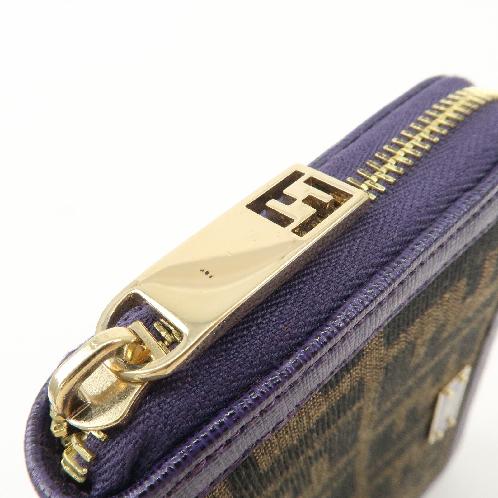 FENDI Zucchino Canvas Leather Round Zippy Long Wallet Brown Purple 8M0024 Used