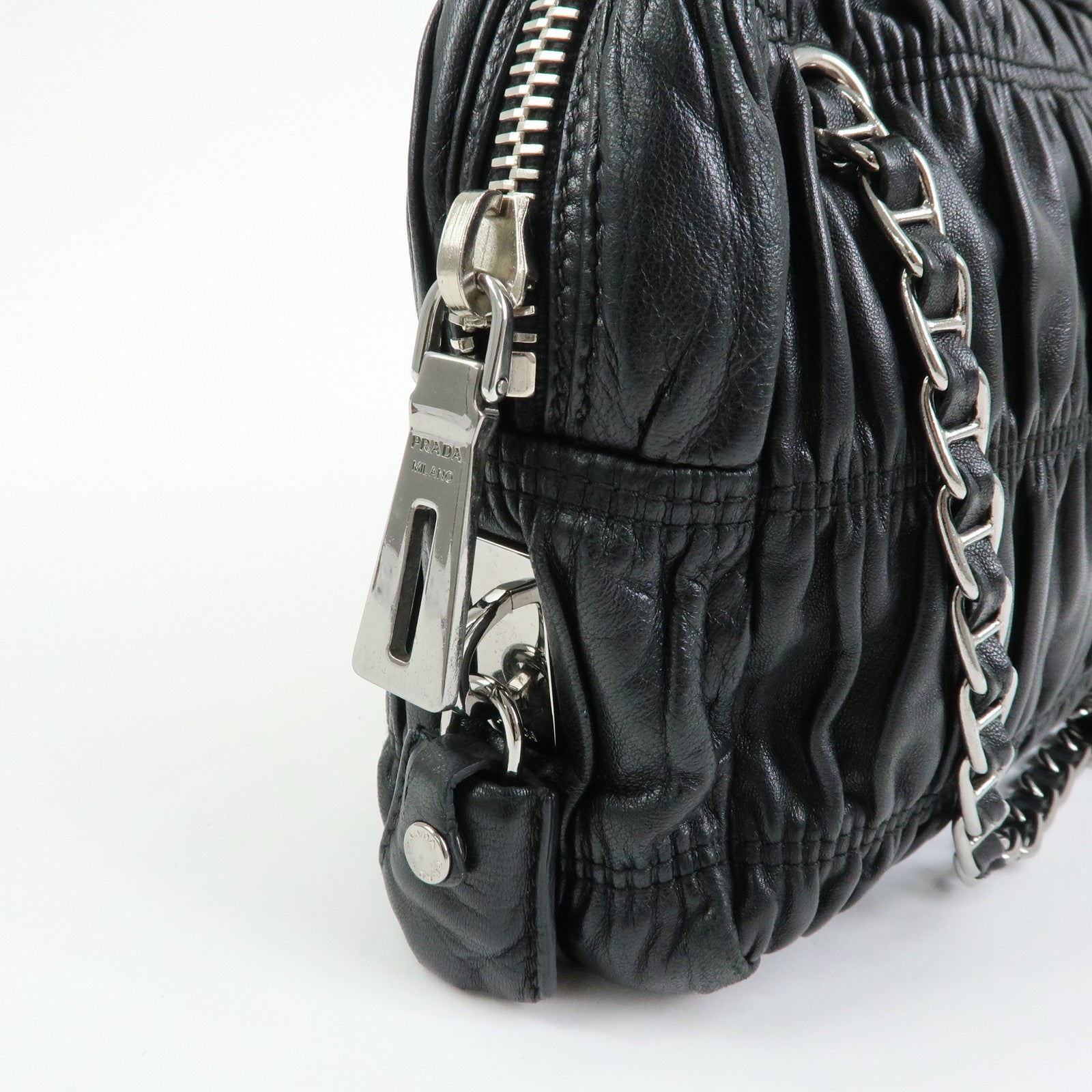 PRADA Logo Nappa Leather Gathered Chain Shoulder Bag Black