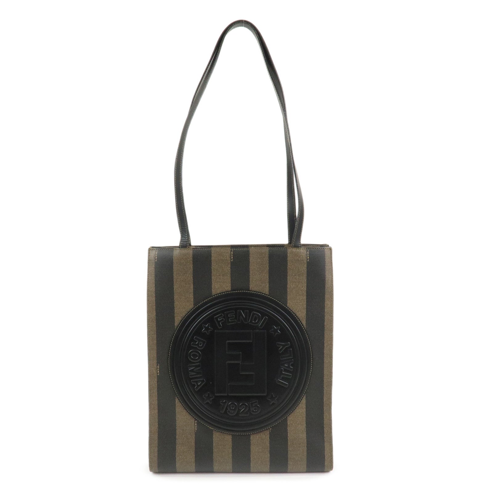 FENDI Pequin PVC Coating Canvas Leather Tote Bag Brown Black 259980