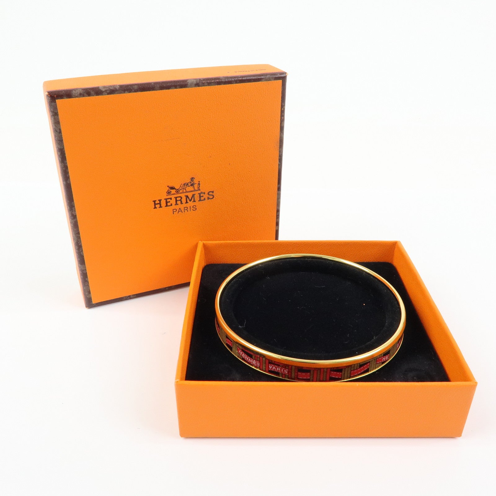 HERMES Email PM Bracelet Bangle Ribbon Motif Metal Gold Red Black