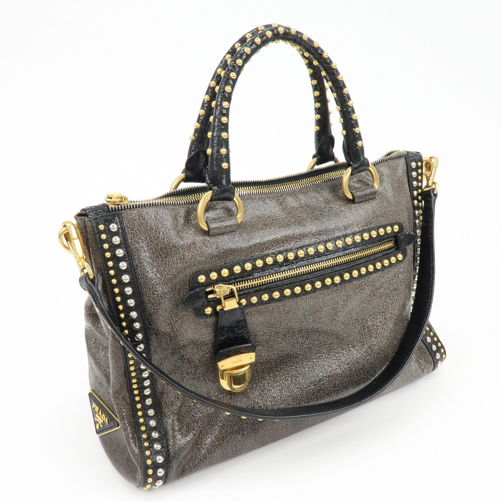 PRADA Triangle Logo Leather 2Way Bag Hand Bag Shoulder Bag Brown