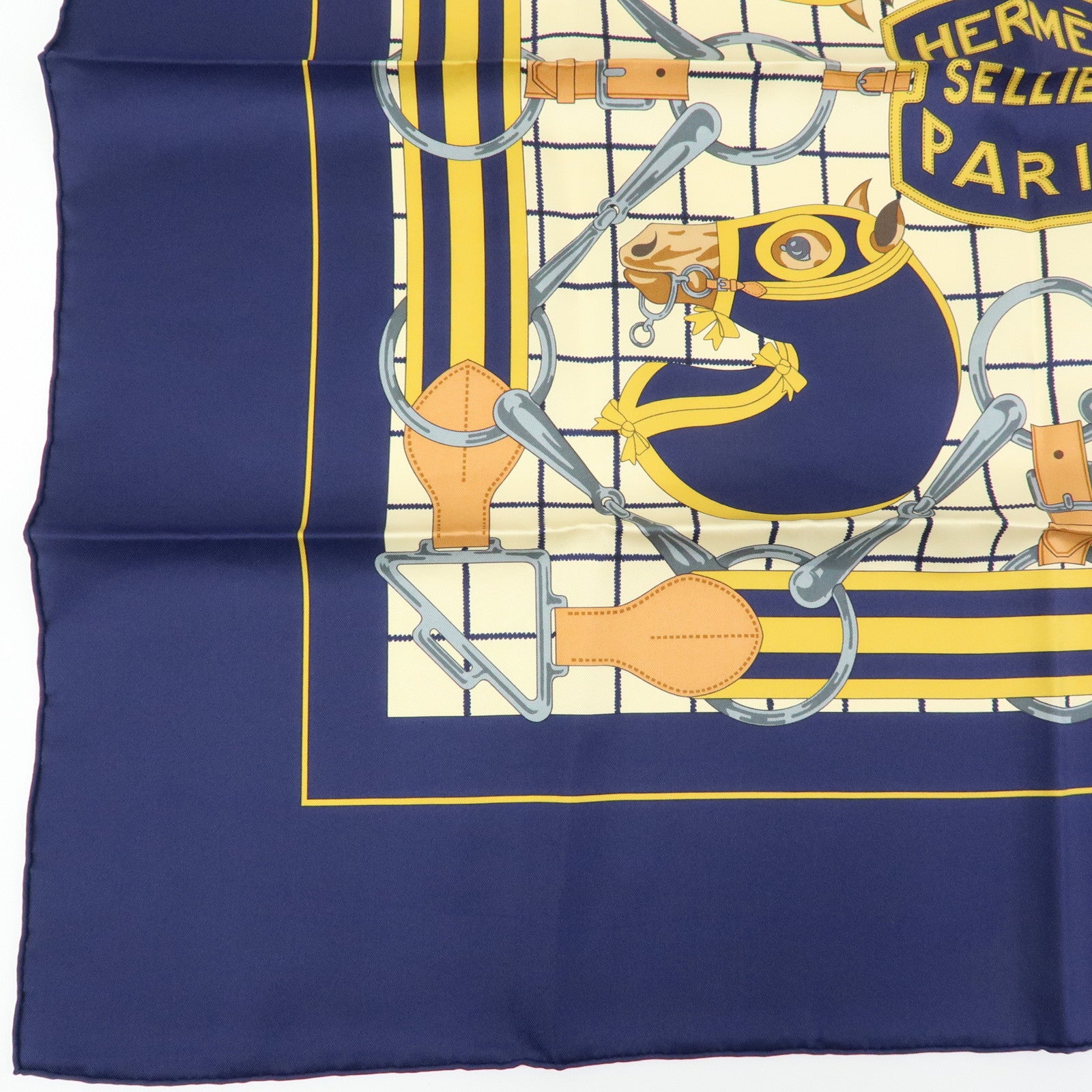 HERMES Carre 70 Silk 100% Scarf Tattersalles Navy Beige