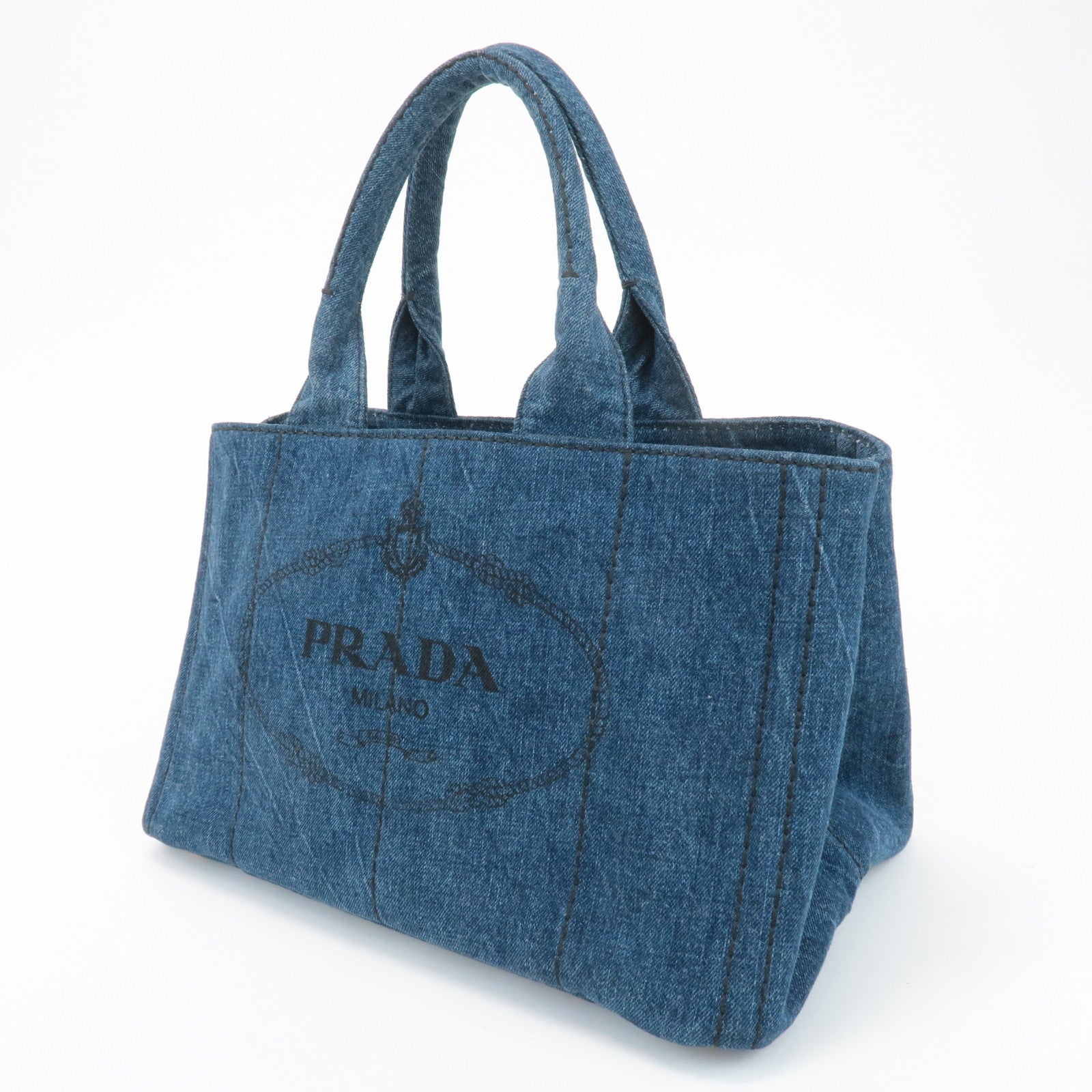 PRADA Triangle Logo Canapa Canvas Denim Hand Bag Navy B1877B Used
