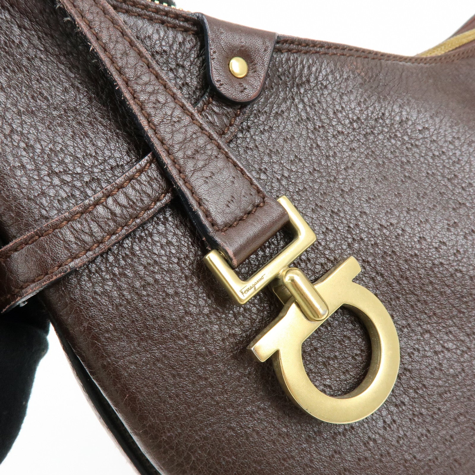 Ferragamo Gancini Leather Shoulder Bag Hand Bag Brown