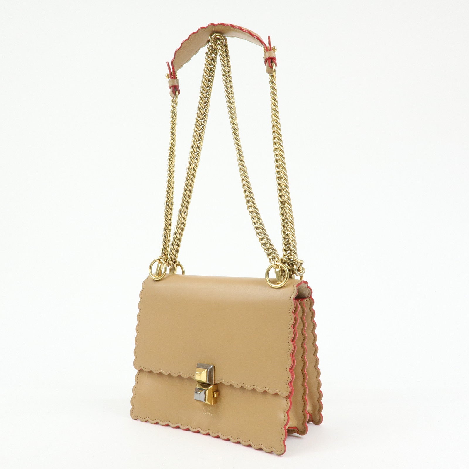 FENDI Mini Kan I Leather Chain Shoulder Crossbody Bag Beige 8M0381