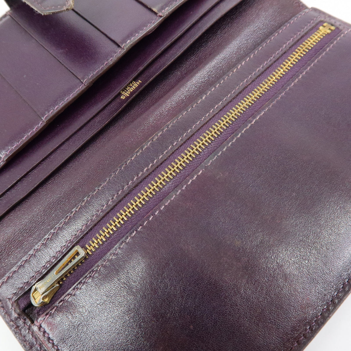 HERMES Bearn Box Calf Leather Bi-fold Long Wallet Purple