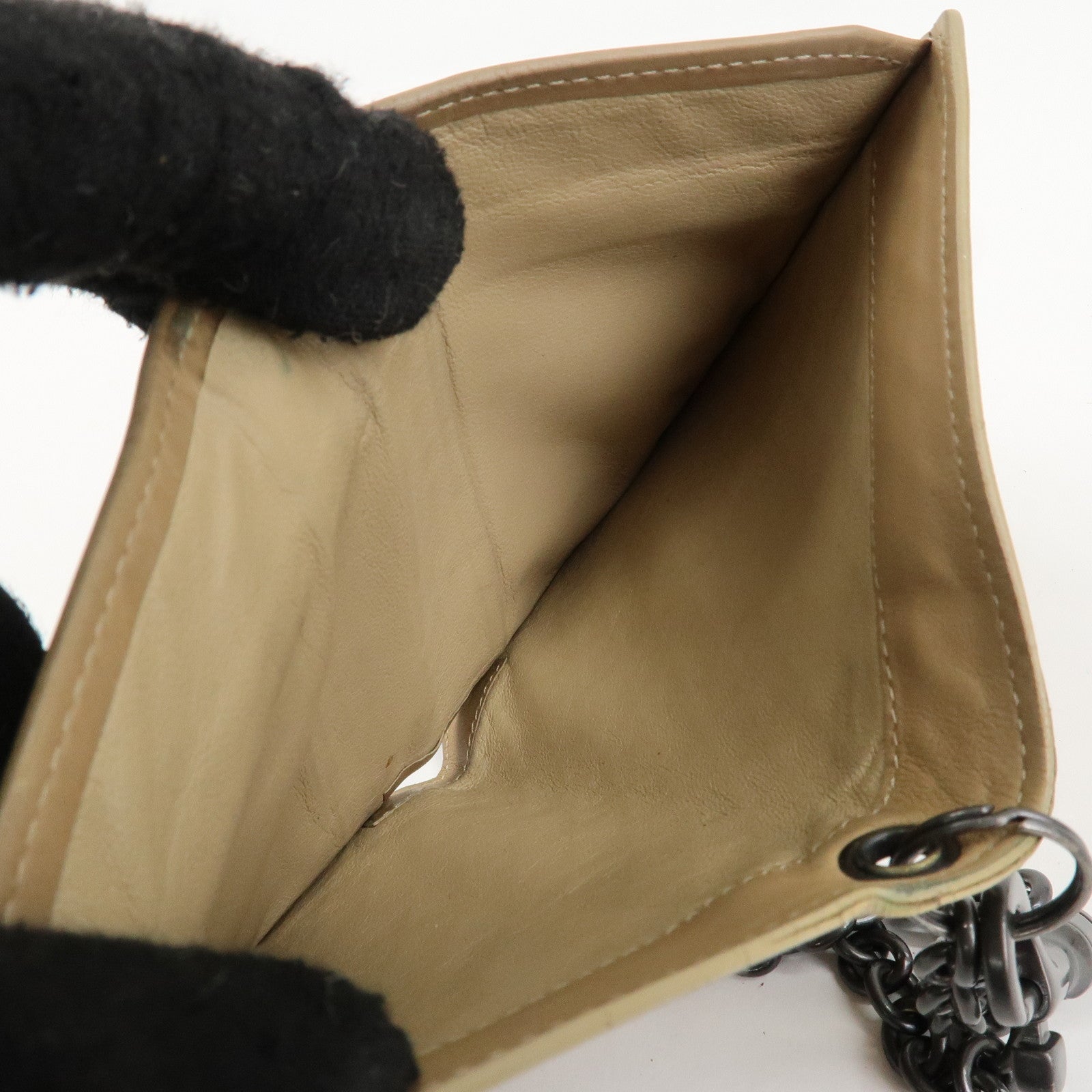 BOTTEGA VENETA Intrecciato Leather Chain Wallet Mini Wallet Beige Used