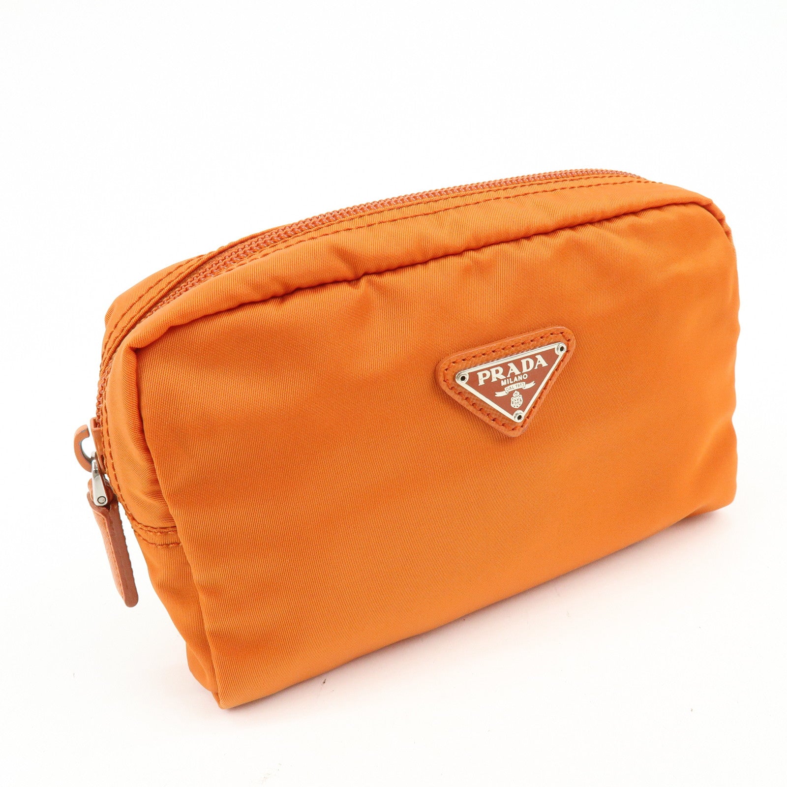 PRADA Triangle Logo Nylon Saffiano Leather Pouch Orange 1N0021