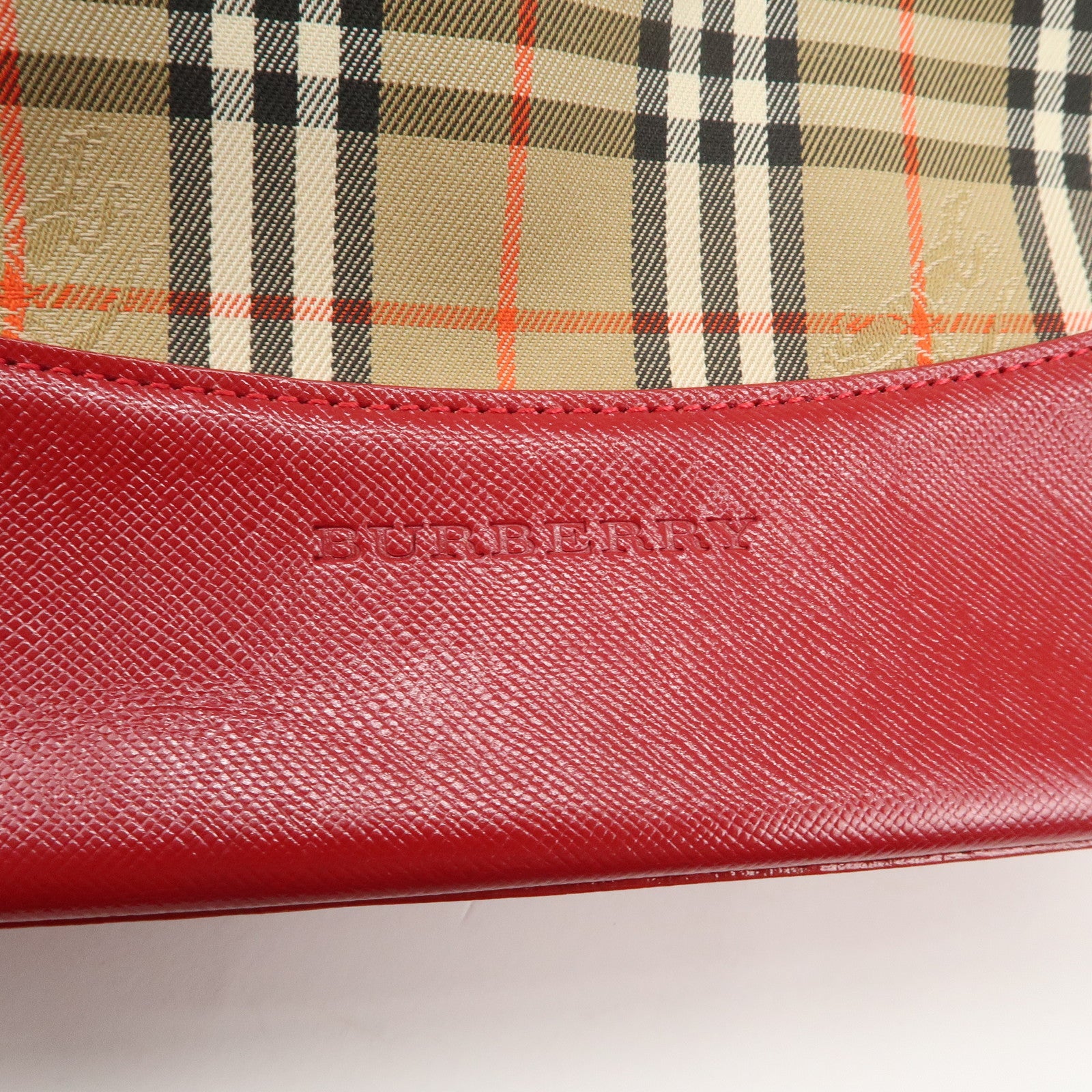 BURBERRY Leather Canvas Tote Bag Hand Bag Nova Plaid Red Beige Used