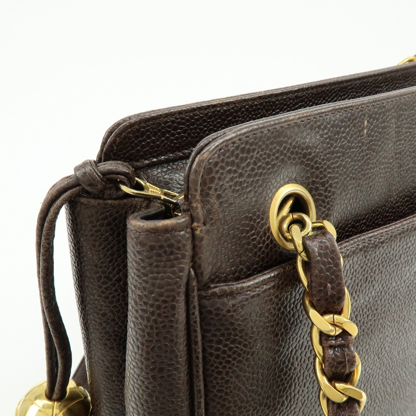 CHANEL Triple COCO Mark Caviarskin Chain Shoulder Bag Brown