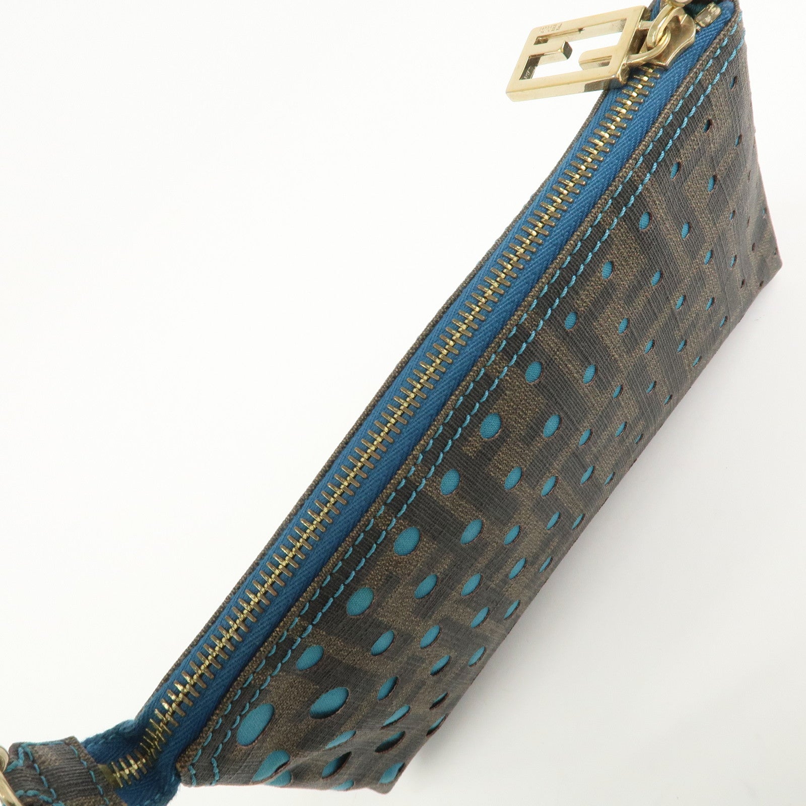 FENDI Zucca PVC Canvas Chain Accessory Pouch Brown Blue 8BR592