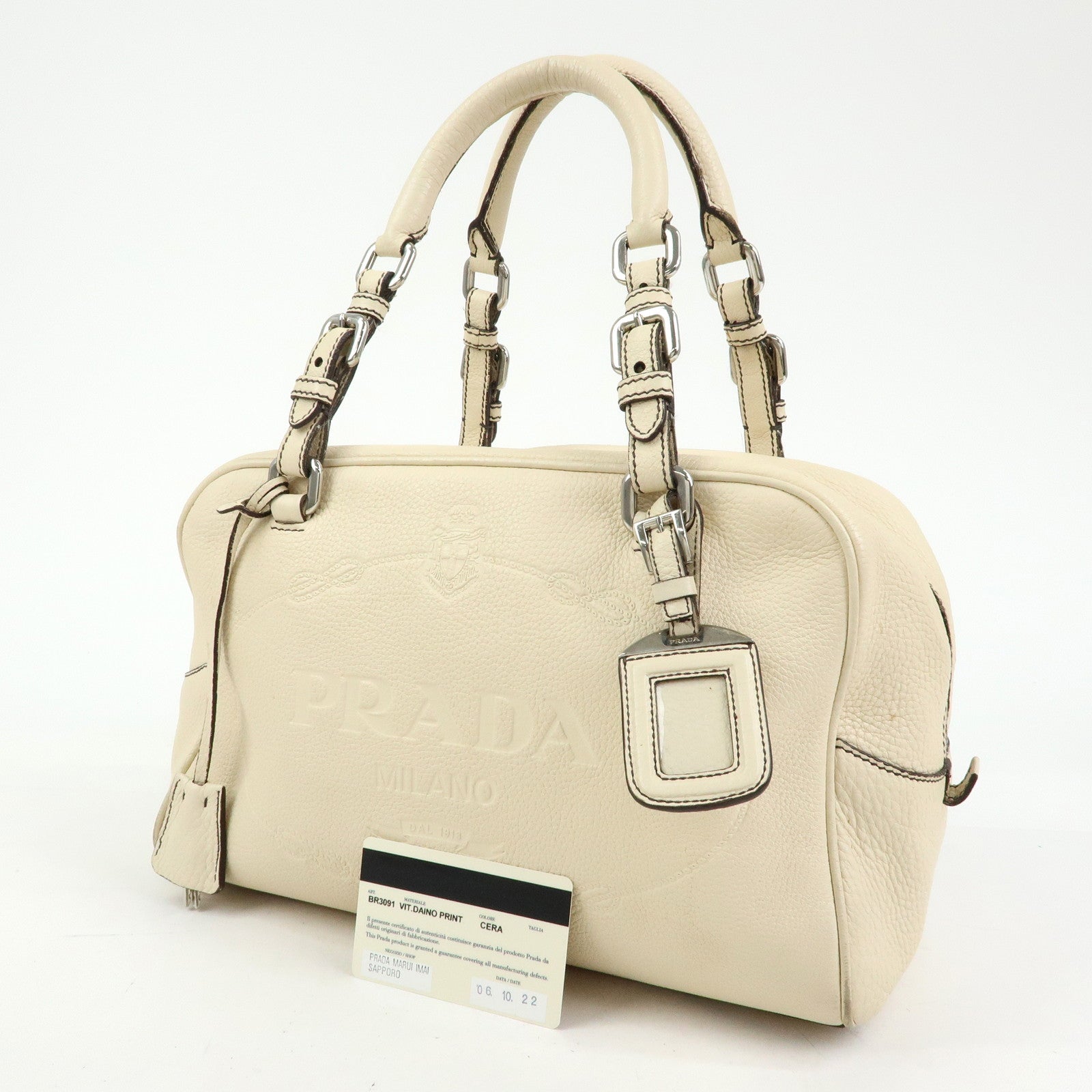 PRADA Vitello Daino Leather Boston Bag Shoulder Bag Ivory BR3091