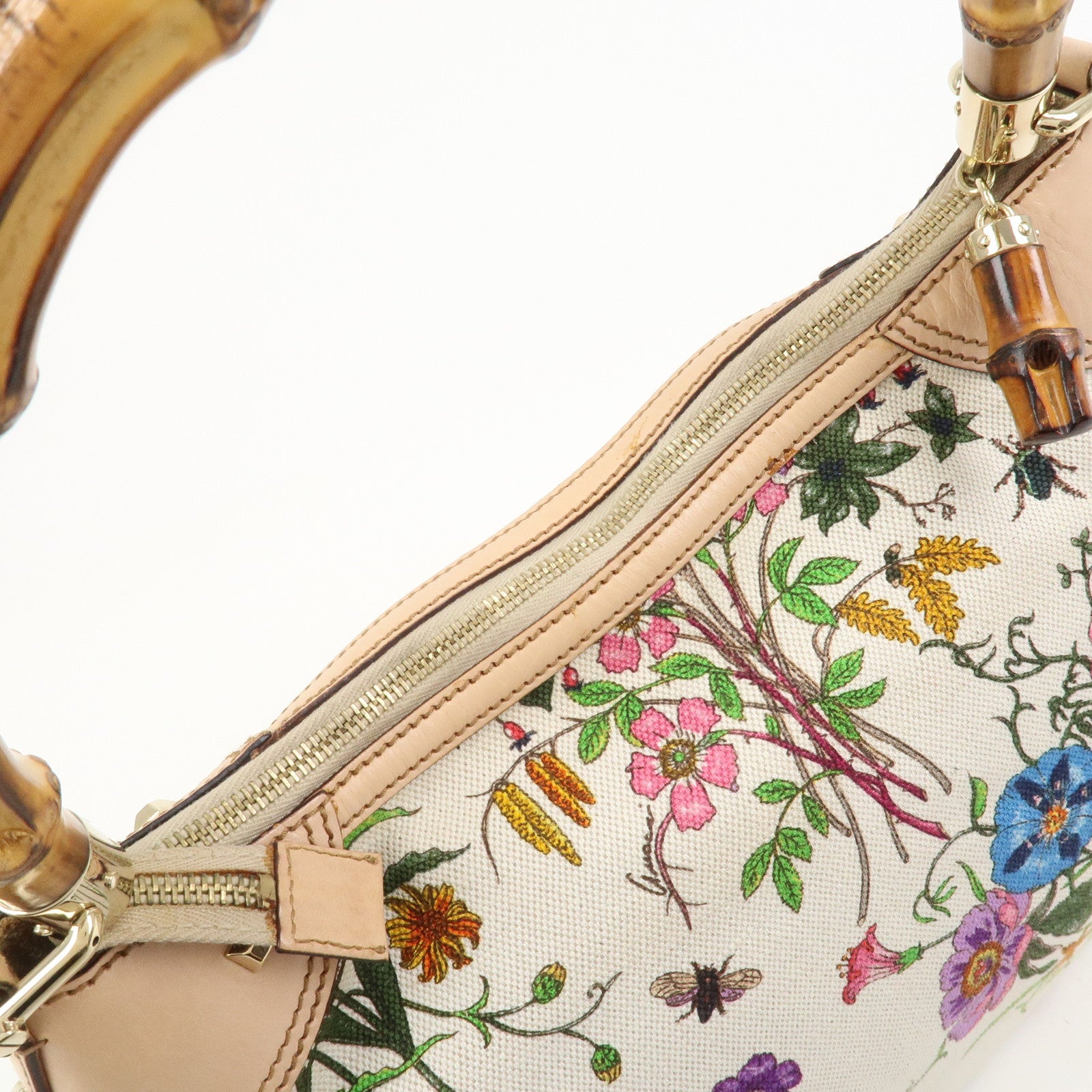 GUCCI Bamboo Canvas Leather Shoulder Bag Flora Ivory Pink 137383