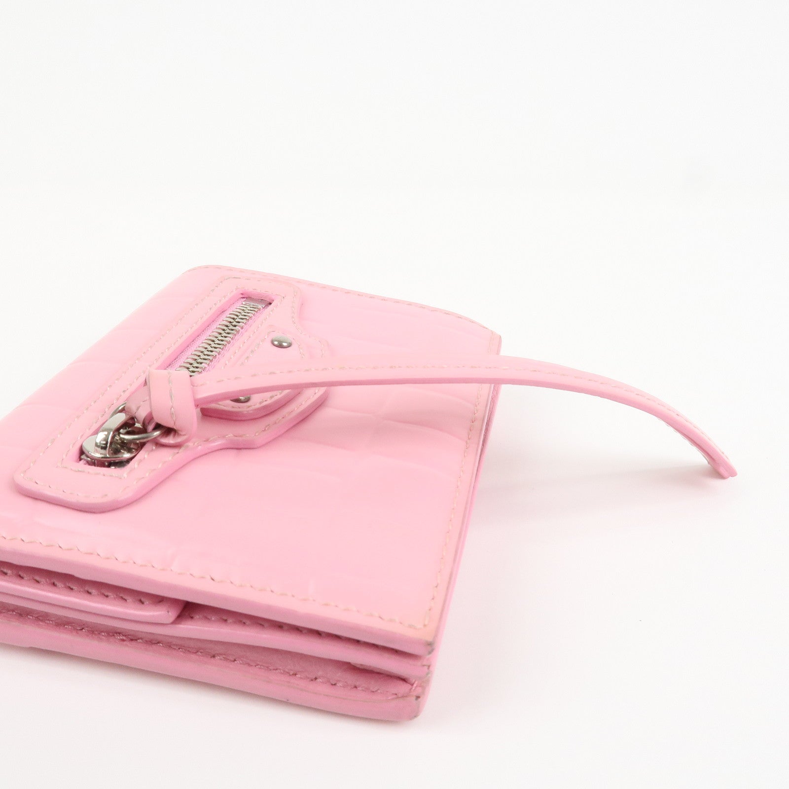 BALENCIAGA Leather Neo Classic Mini Wallet Pink Silver HDW 640111 Used