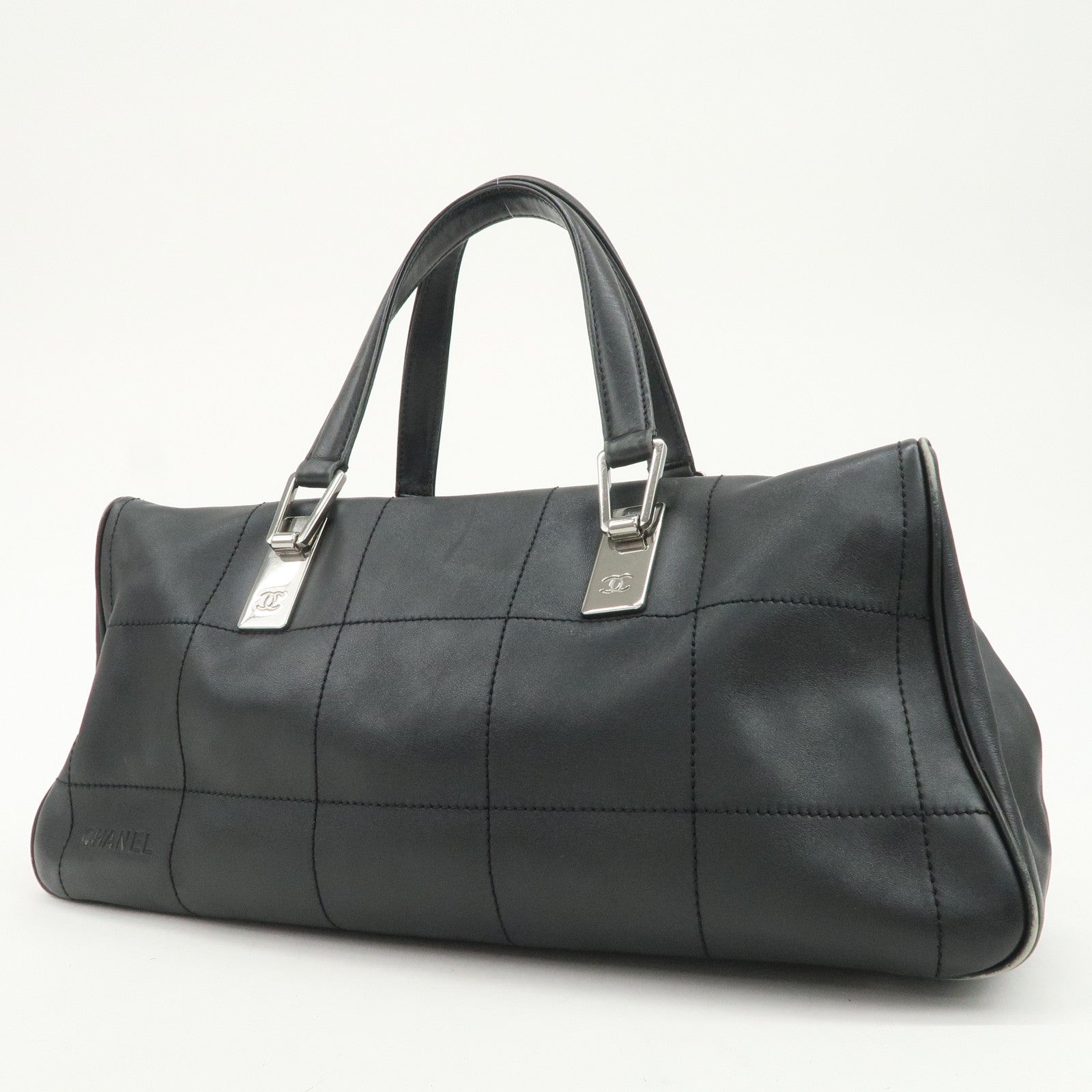 CHANEL Chocolate Bar Lamb Skin Mini Boston Bag Hand Bag Black