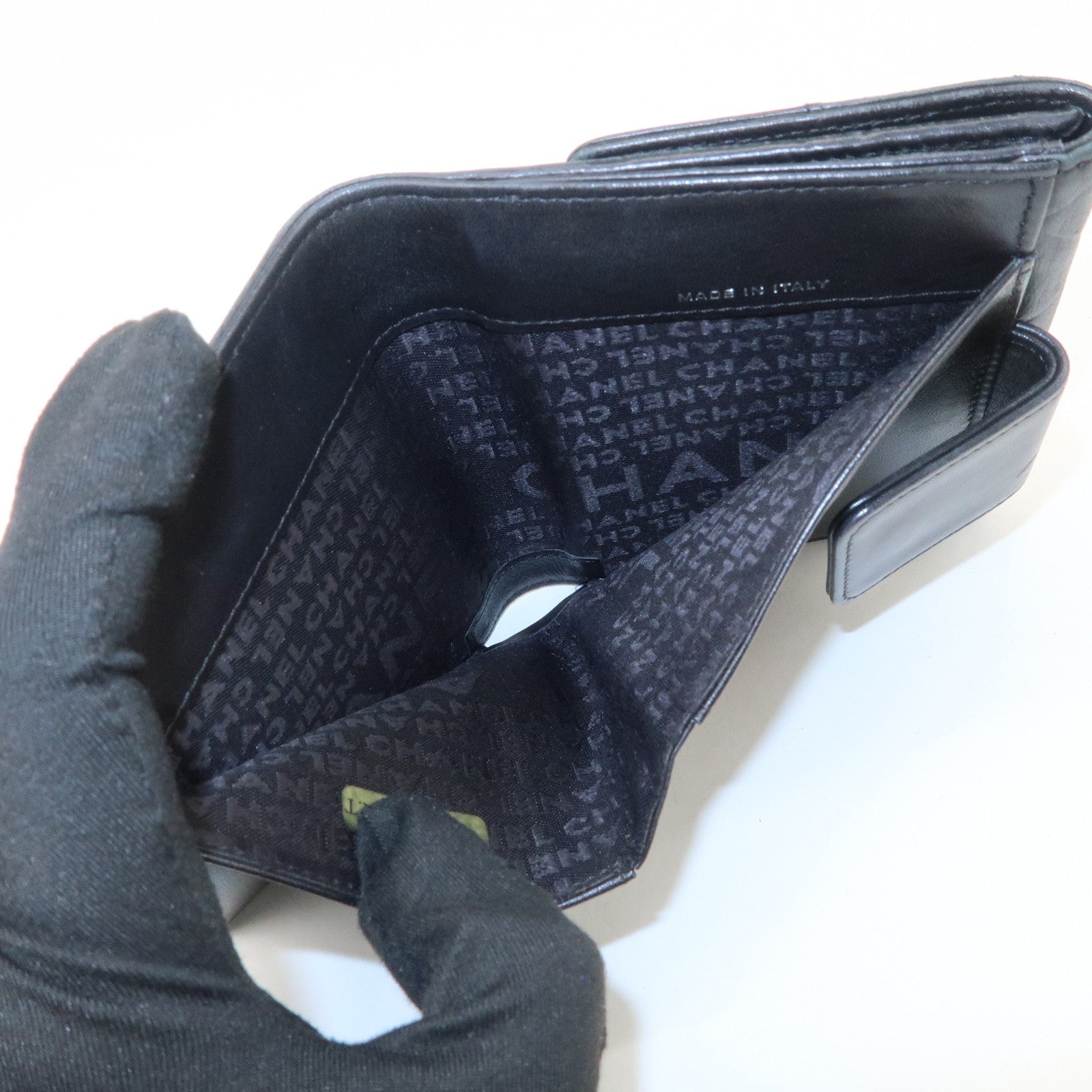 CHANEL Logo Matelasse Lamb Skin Bi-fold Wallet Black