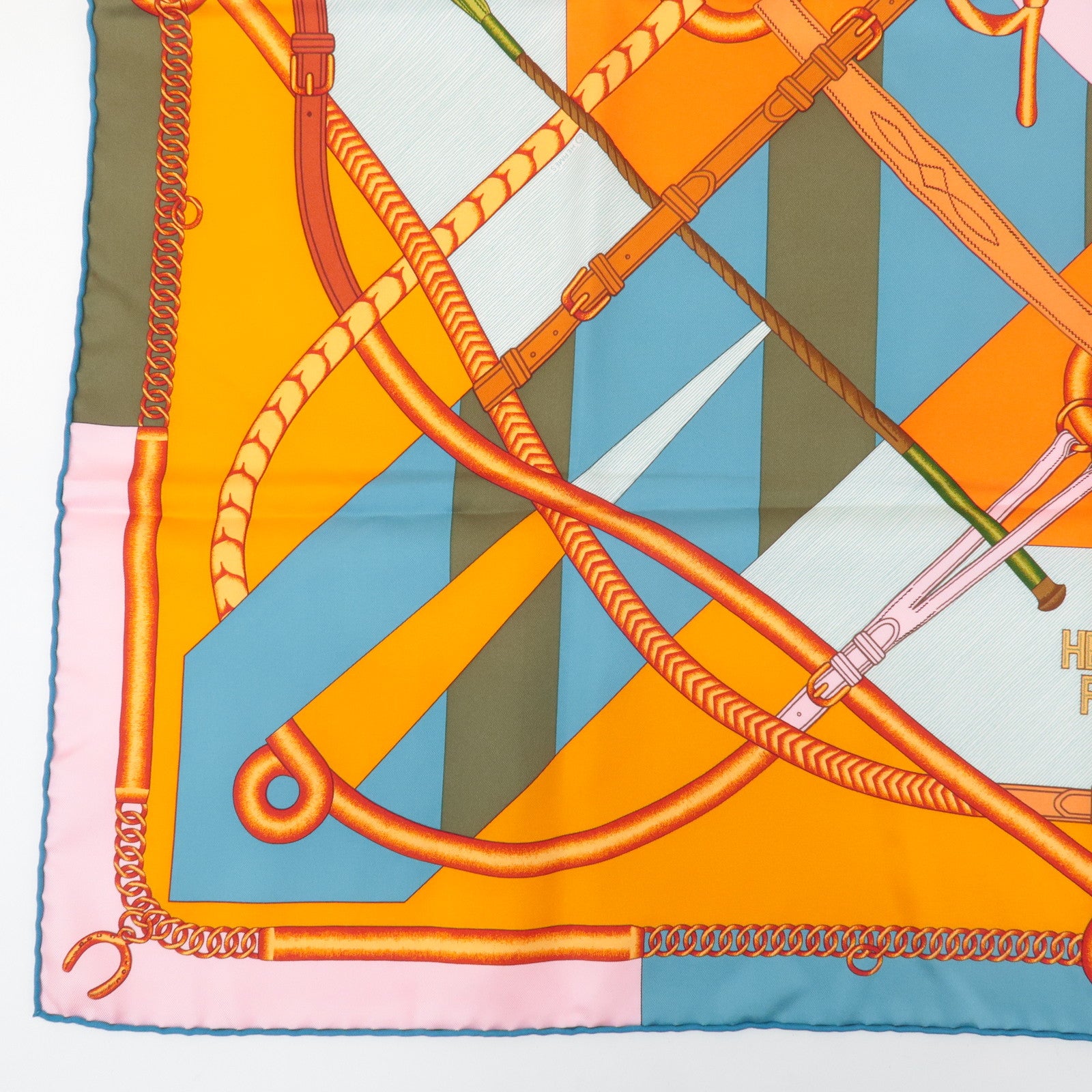 HERMES Carre 90 Silk 100% Scarf PARCOURS SANS FAUTE Orange Blue Used