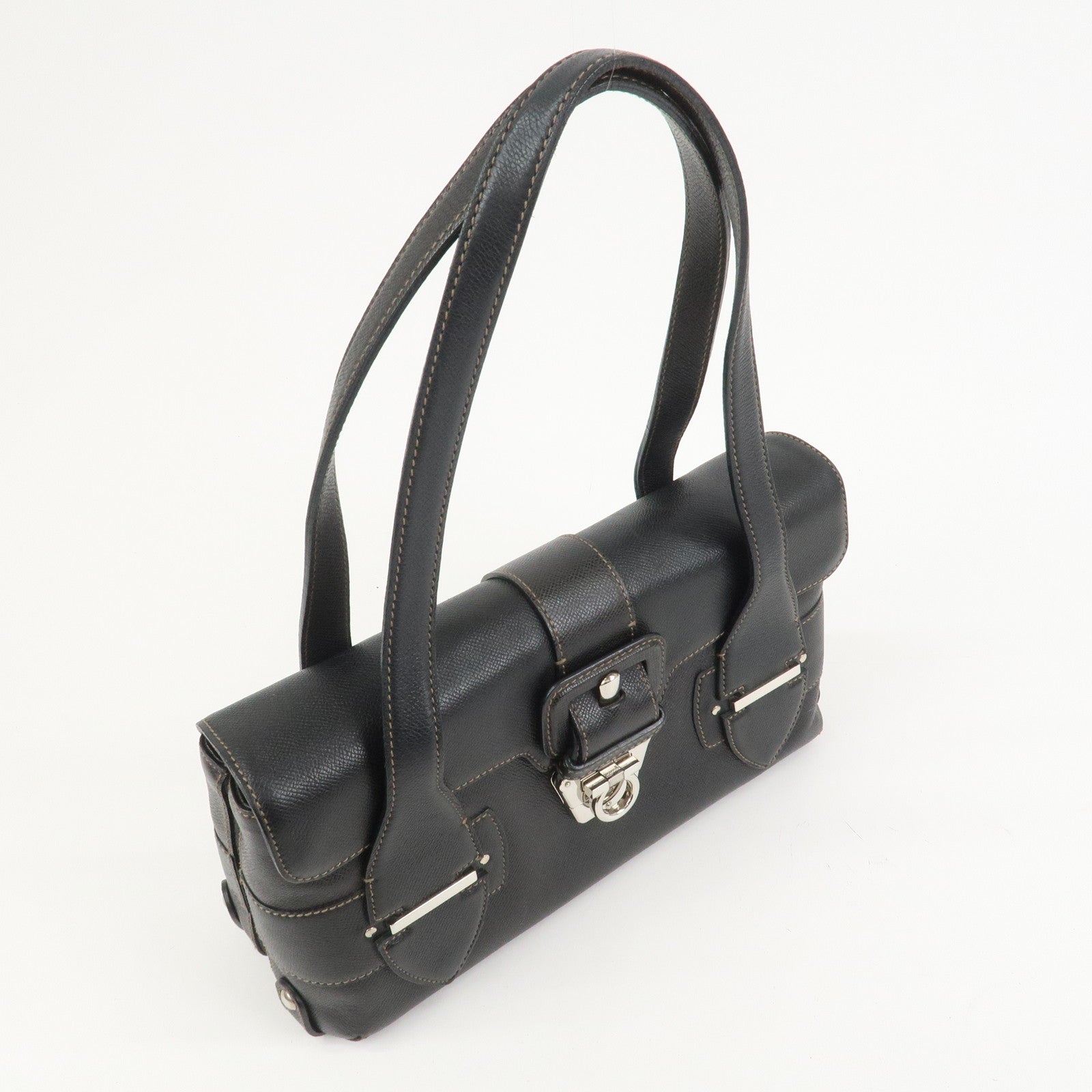 Ferragamo Gancini Leather Shoulder Bag Hand Bag Black