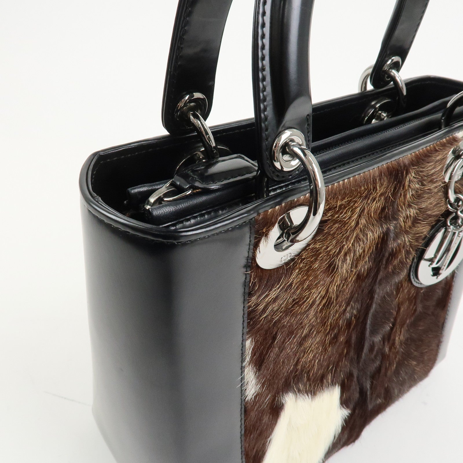 Christian Dior Lady Dior Unborn Calf Patent Leather Hand Bag Black