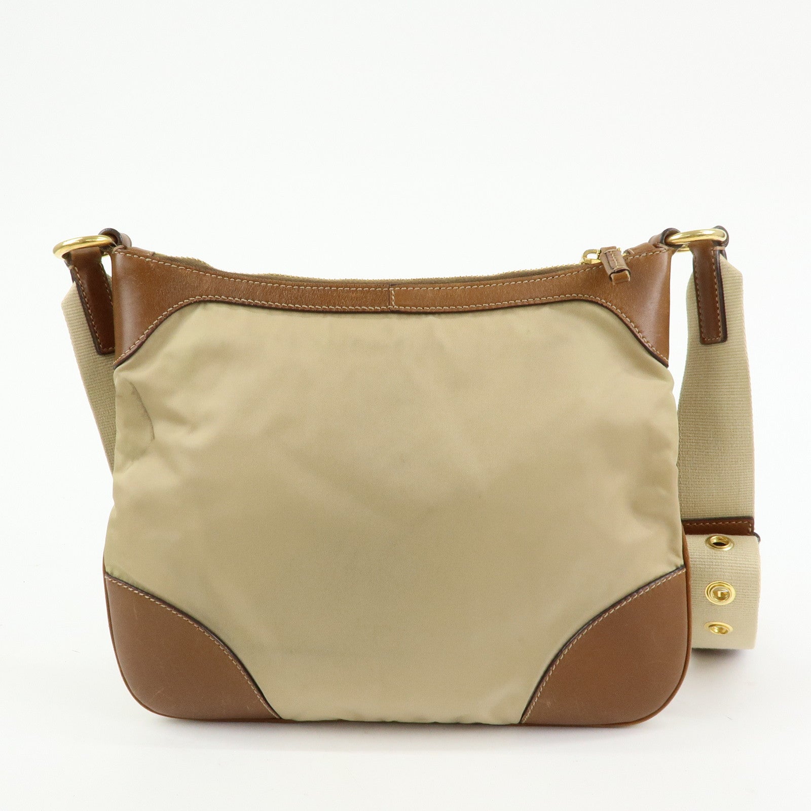 PRADA Triangle Logo Nylon Leather Shoulder Bag Crossbody Bag Beige
