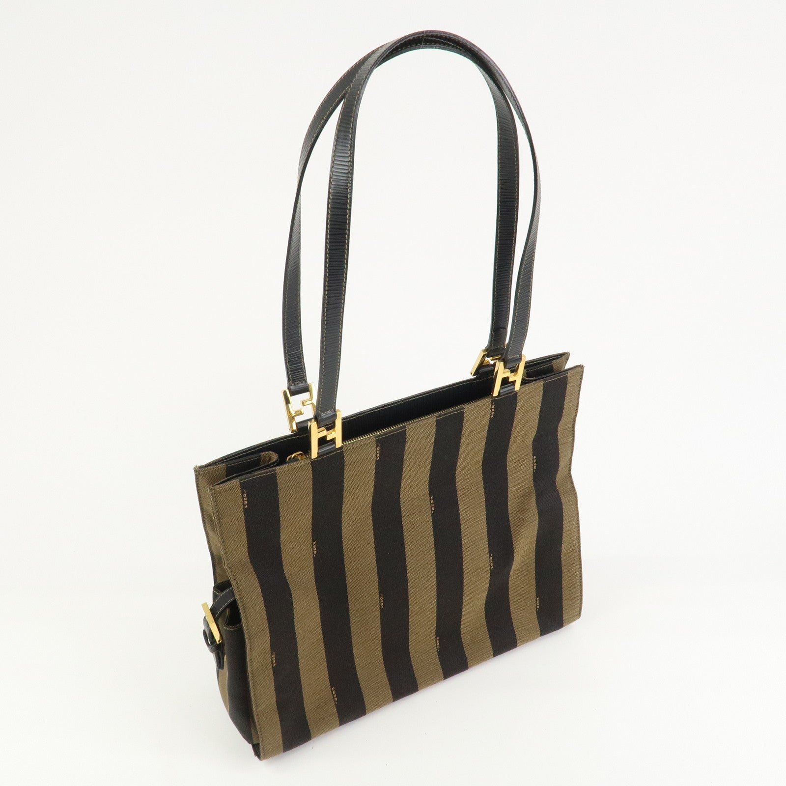 FENDI Pequin Canvas Leather Tote Bag Shoulder Bag Black Brown 26397
