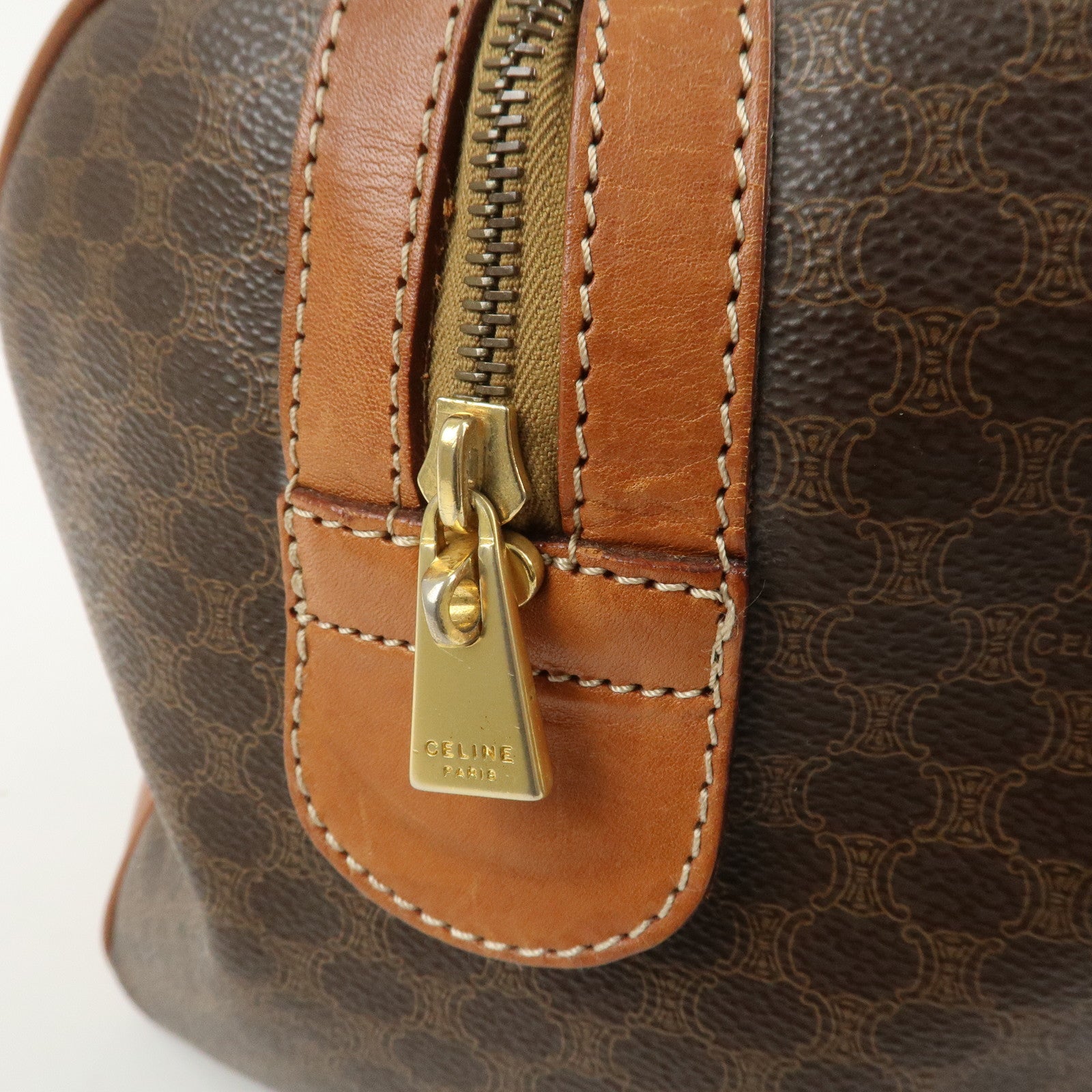 CELINE Macadam PVC Canvas Leather Boston Bag Hand Bag Brown