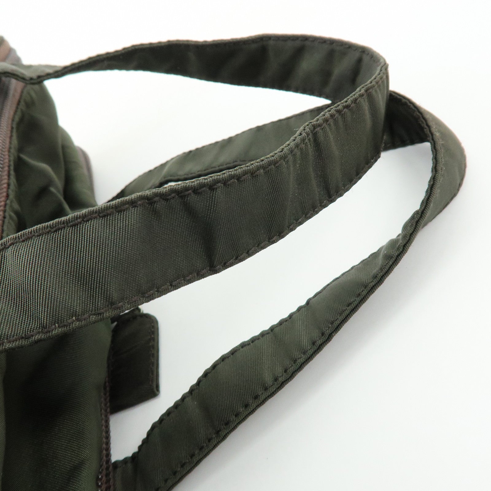 PRADA Triangle Logo Nylon Leather Hand Bag Cosmetic Case Khaki