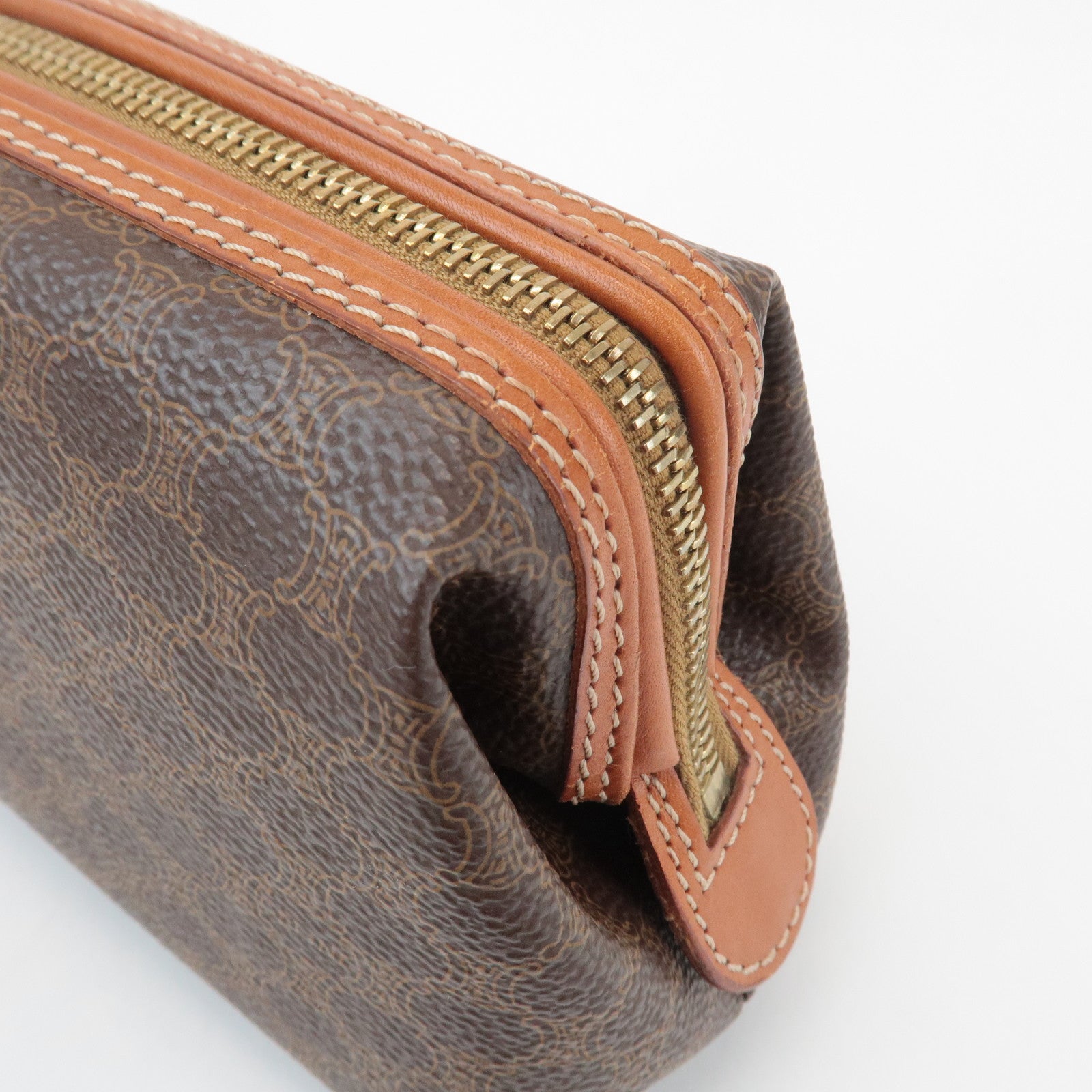 CELINE Macadam PVC Leather Canvas Pouch Brown Gold Hardware