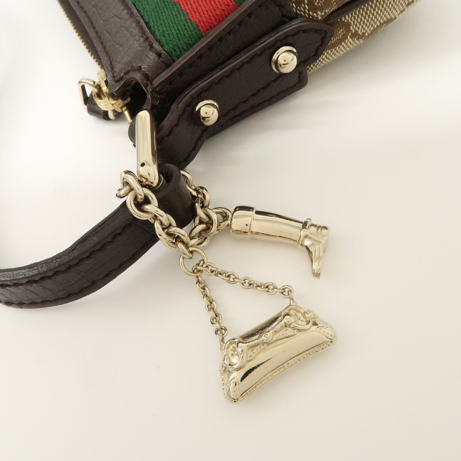 GUCCI Sherry GG Canvas Leather Hand Bag Pouch Boots Bag Charm 145970 Used