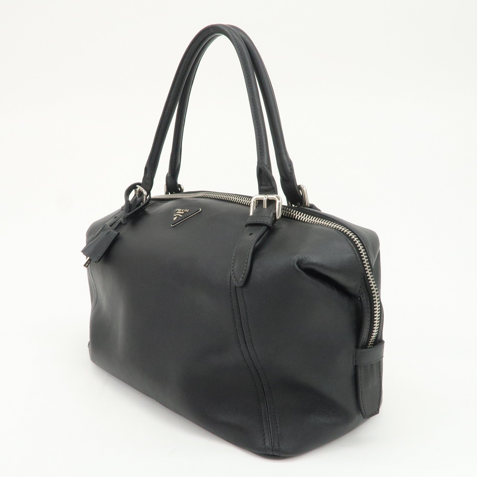 PRADA Triangle Logo Leather Boston Bag Shoulder Bag Black BR4998