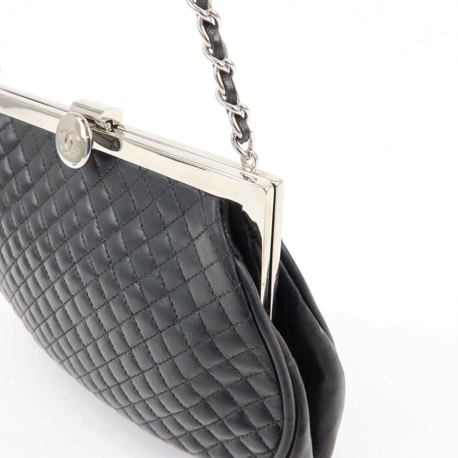 CHANEL Matelasse Lamb Skin Chain Kiss Lock Shoulder Bag Black